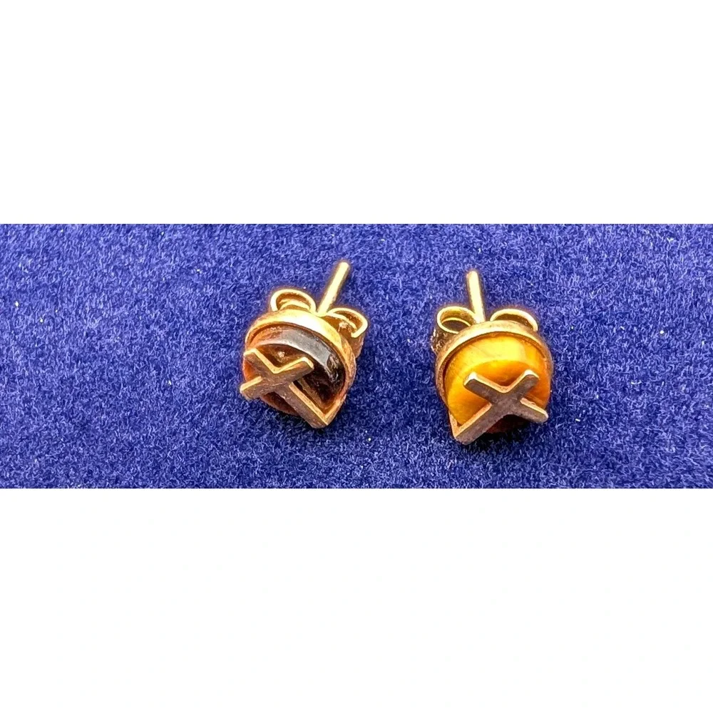 Vintage Israel 12K Gold Filled Stud Earrings Cross Tigers Eye Stone Gold Tone
